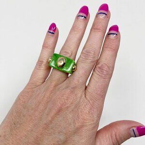 Green Chunky Acrylic Ring Gold Tone Details Statement Size 6